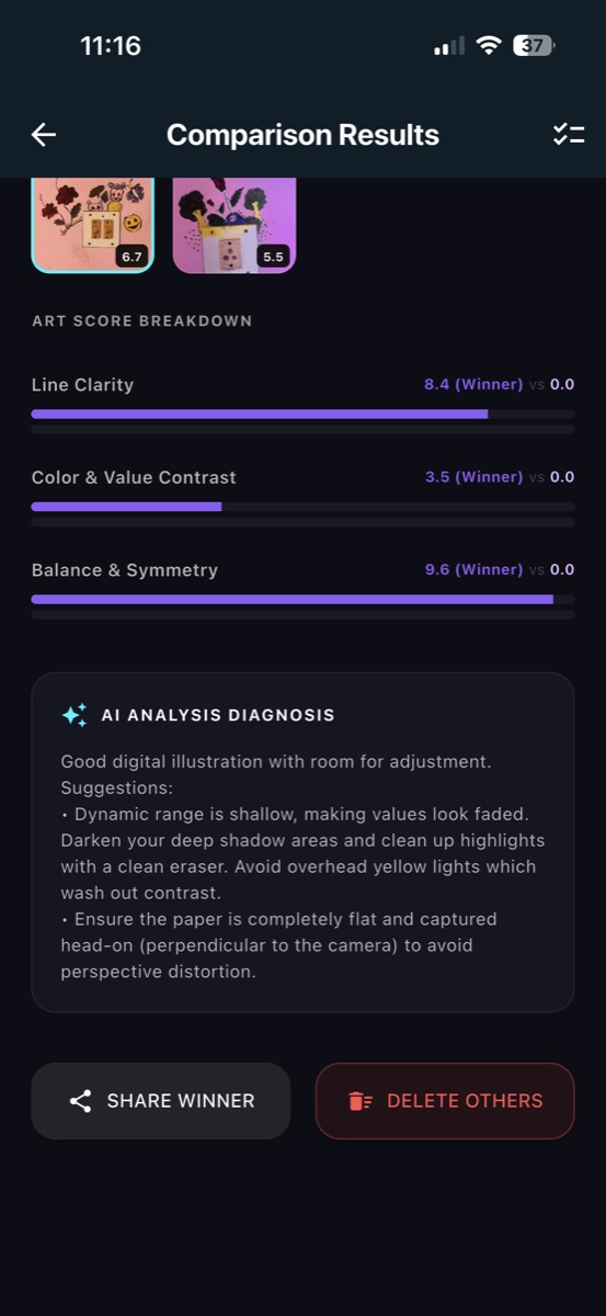 SnapScore artwork feedback screen