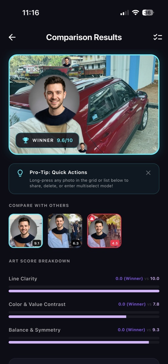 SnapScore photo comparison results screen