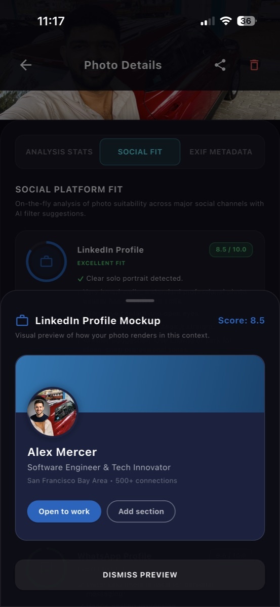 SnapScore LinkedIn profile crop preview