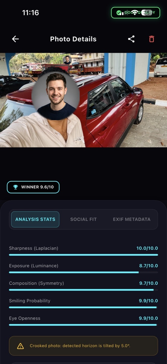 SnapScore photo quality details screen