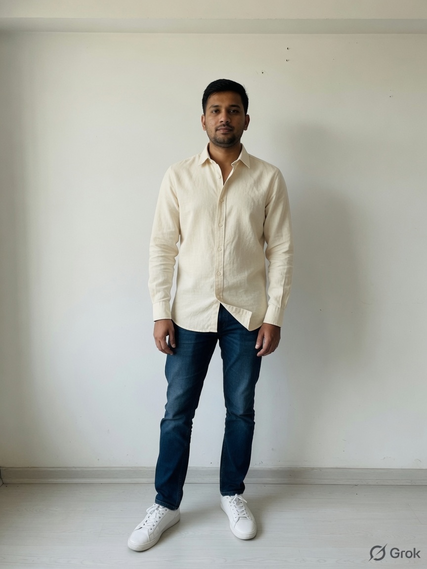 Illustrative preview of a cream linen shirt on the model